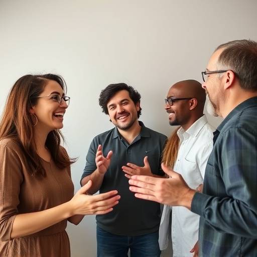A group of actors laughing and interacting during an improvisation exercise, showcasing spontaneity and creativity.