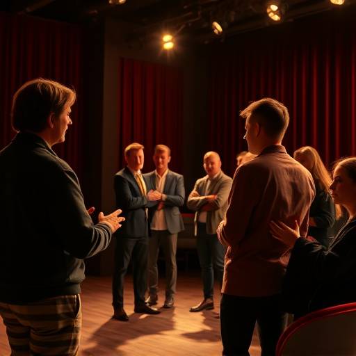 A group of actors performing a scene on stage during an acting class, bathed in warm lighting.