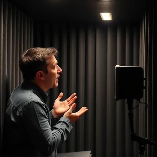 An actor practicing vocal exercises in a soundproof booth, focusing on clarity and projection.