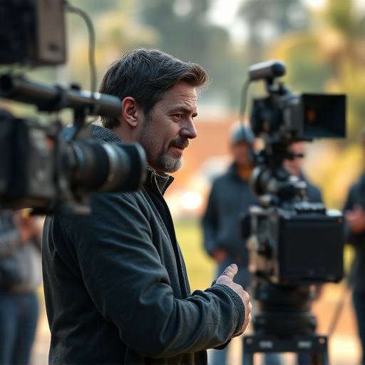 An actor standing on a film set, preparing for a scene, with a camera crew in the background.
