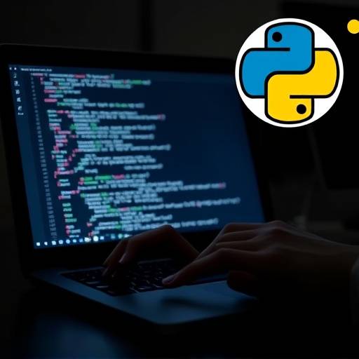 Hands typing code in Python on a laptop, showing the Python logo in the corner