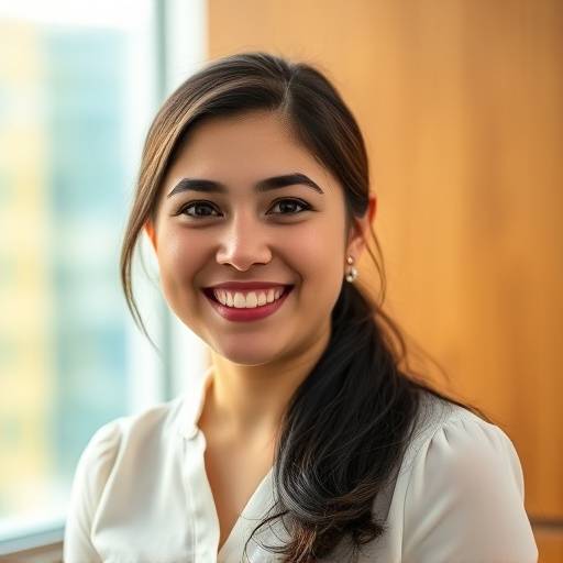 Portrait of Sofia Martinez, a cloud computing instructor, smiling warmly and wearing a professional blouse.