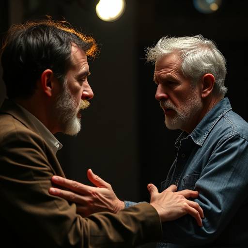 Two actors intensely engaged in a dramatic scene during an advanced acting workshop.